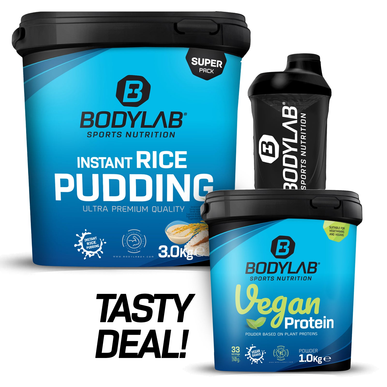 bodylab24-tasty-deal-vegan-protein-1-kg-instant-rice-pudding-3-kg-shaker-gratis image 1