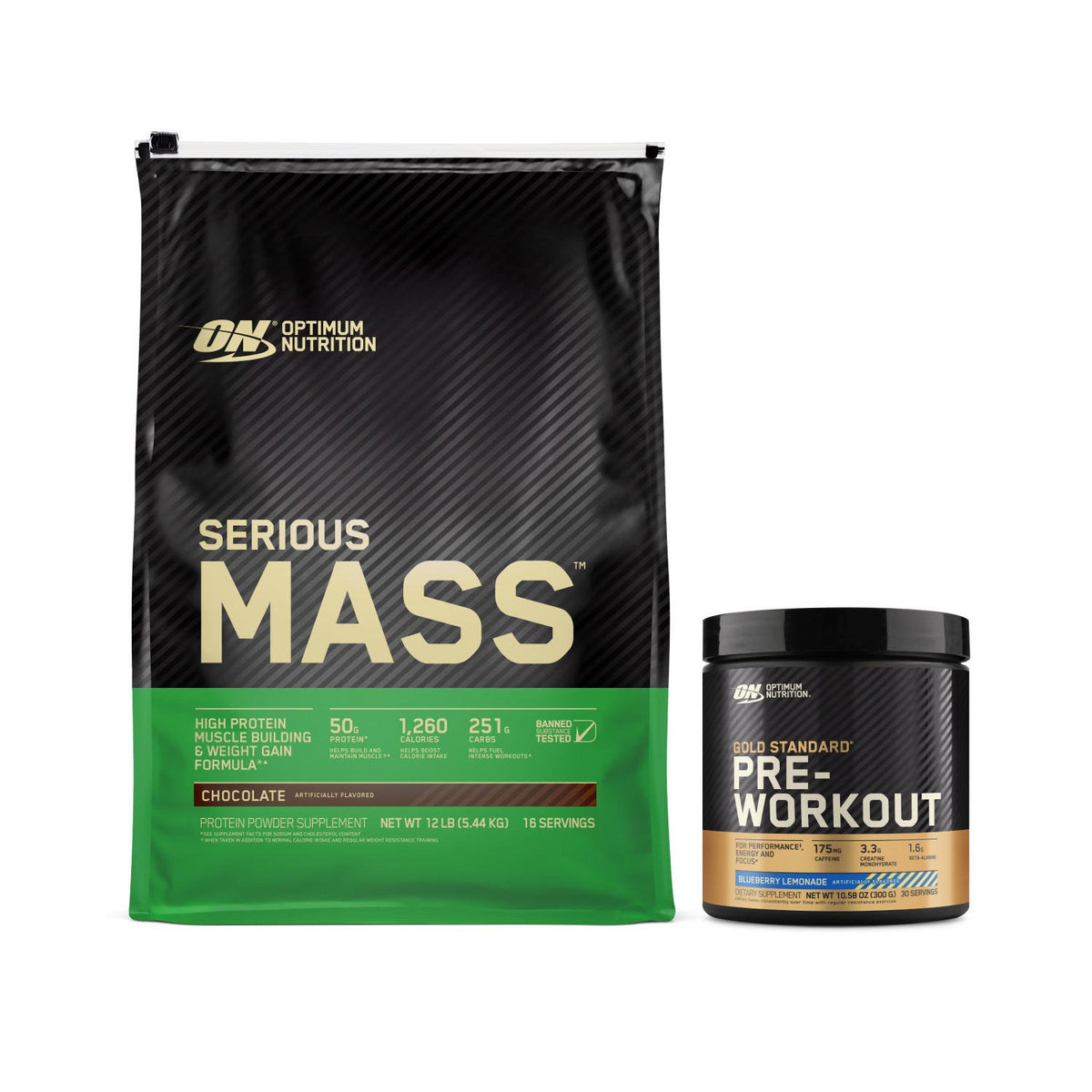 optimum-nutrition-mass-stack-xl-bundle-pre-workout-serious-mass-12lbs image 1